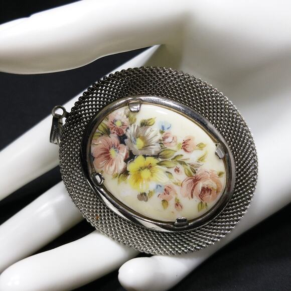 Vintage Floral Porcelain Mesh Frame Pendant, Silver tone, 1960s, 2 3/4 Inches - Picture 1 of 10